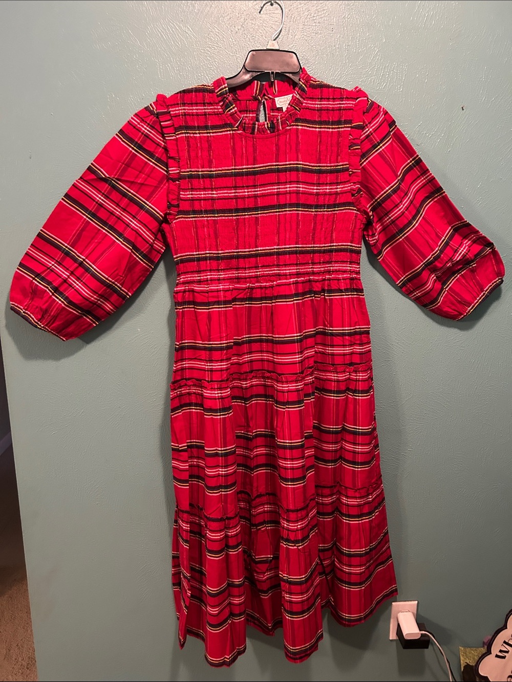 Mud Pie Red Plaid Midi Dress with Puff Sleeves